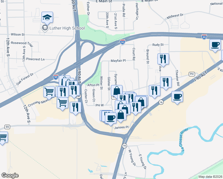 map of restaurants, bars, coffee shops, grocery stores, and more near 478 Sycamore Street in Onalaska