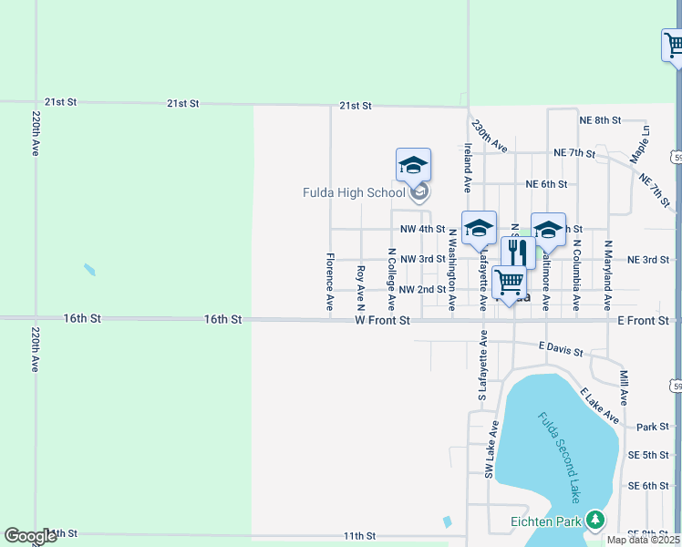 map of restaurants, bars, coffee shops, grocery stores, and more near 308 Florence Avenue in Fulda