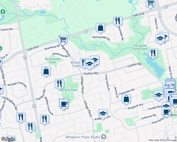 map of restaurants, bars, coffee shops, grocery stores, and more near 67 Foxglove Court in Markham