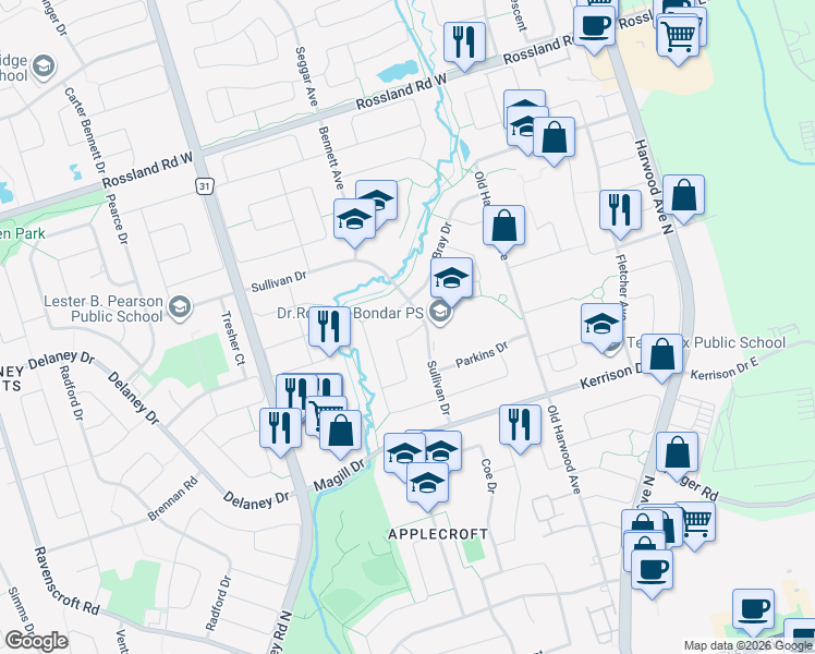 map of restaurants, bars, coffee shops, grocery stores, and more near 40 Sullivan Drive in Ajax