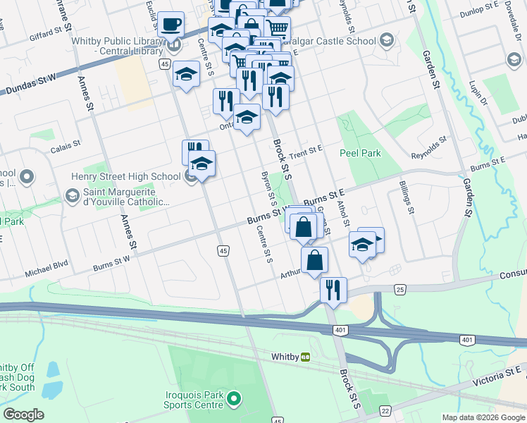 map of restaurants, bars, coffee shops, grocery stores, and more near 216 Burns Street West in Whitby