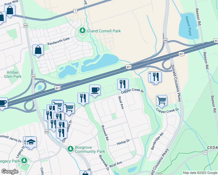 map of restaurants, bars, coffee shops, grocery stores, and more near 85 Decast Crescent in Markham