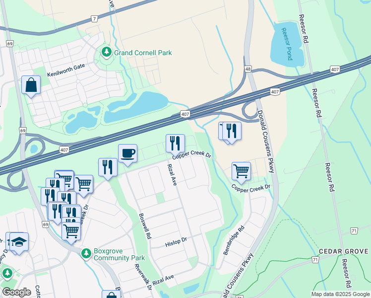 map of restaurants, bars, coffee shops, grocery stores, and more near in Markham