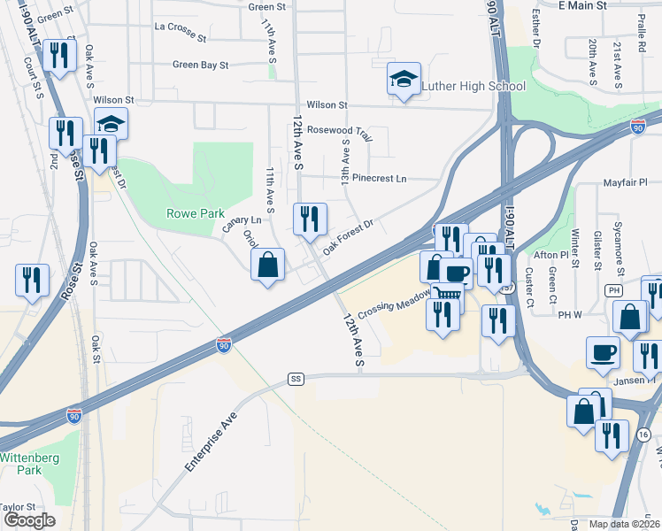 map of restaurants, bars, coffee shops, grocery stores, and more near 1220 Oak Forest Drive in Onalaska