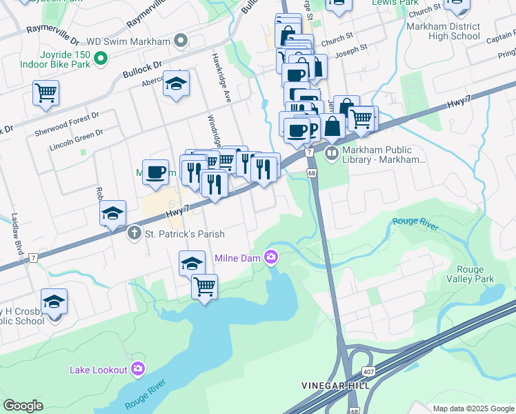map of restaurants, bars, coffee shops, grocery stores, and more near 12 Wignall Crescent in Markham