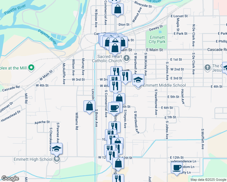 map of restaurants, bars, coffee shops, grocery stores, and more near 109 4th Street in Emmett