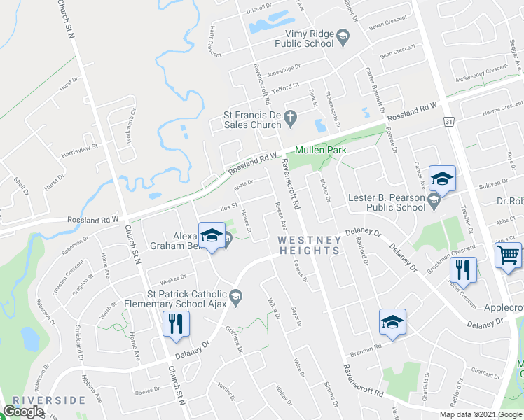 map of restaurants, bars, coffee shops, grocery stores, and more near 10 Howes Street in Ajax
