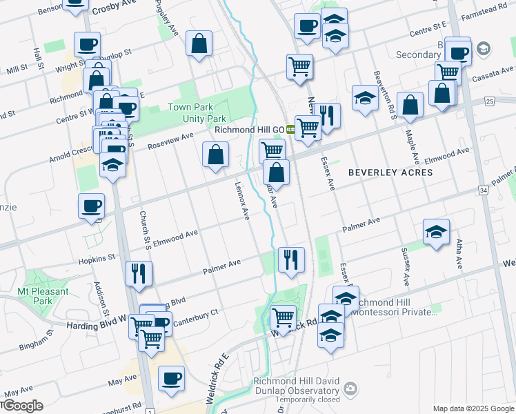 map of restaurants, bars, coffee shops, grocery stores, and more near 175 Elmwood Avenue in Richmond Hill