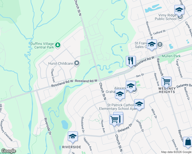 map of restaurants, bars, coffee shops, grocery stores, and more near 992 Church Street North in Ajax