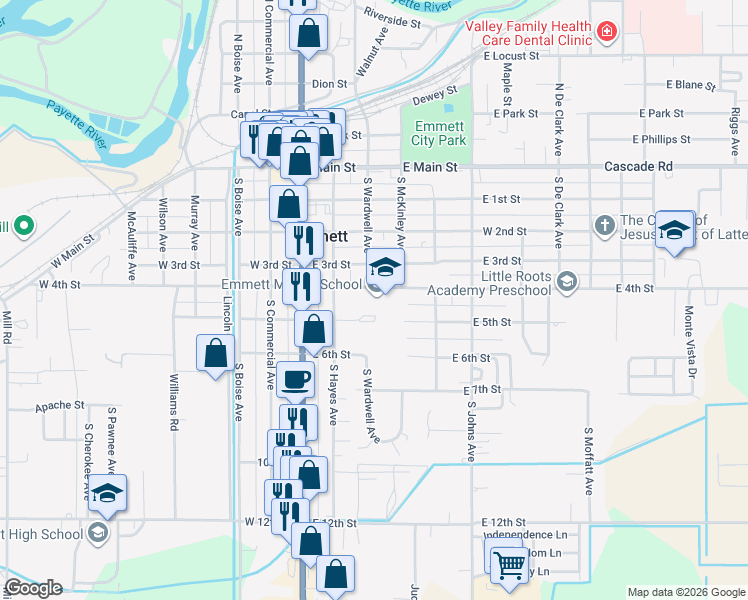 map of restaurants, bars, coffee shops, grocery stores, and more near 301 East 4th Street in Emmett