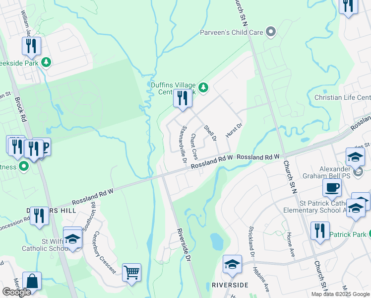 map of restaurants, bars, coffee shops, grocery stores, and more near 26 Chant Crescent in Ajax
