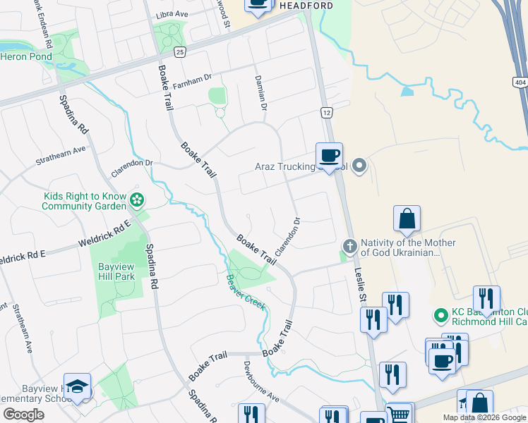 map of restaurants, bars, coffee shops, grocery stores, and more near 23 Mooregate Court in Richmond Hill