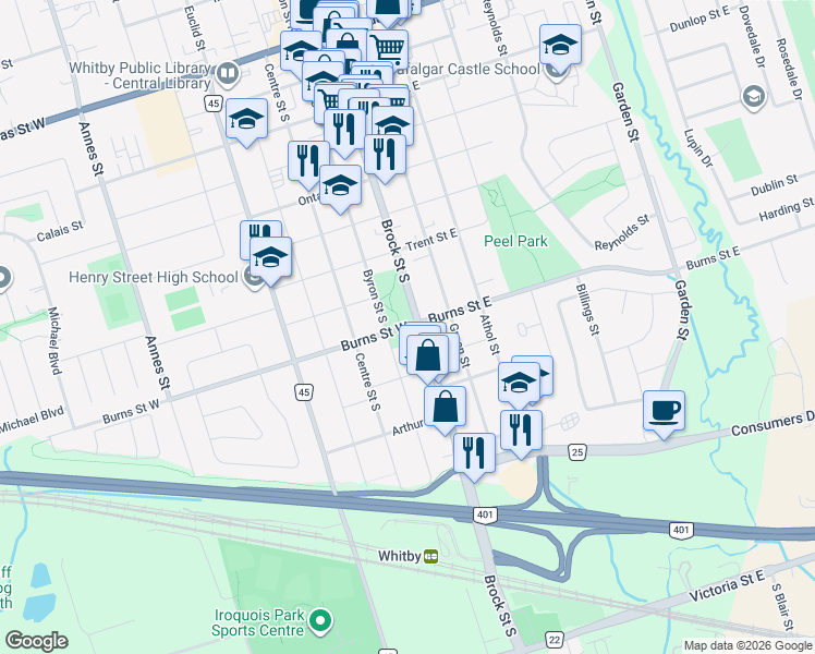 map of restaurants, bars, coffee shops, grocery stores, and more near 800 Brock Street South in Whitby