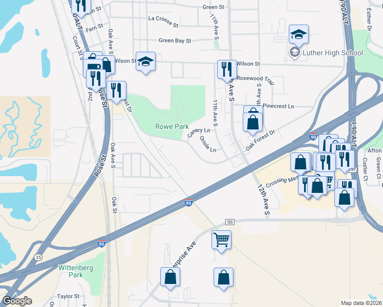 map of restaurants, bars, coffee shops, grocery stores, and more near 1005 Oak Forest Drive in Onalaska