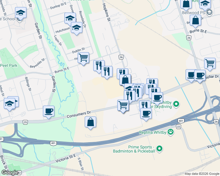 map of restaurants, bars, coffee shops, grocery stores, and more near 111 Industrial Drive in Whitby