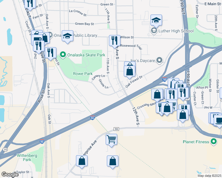 map of restaurants, bars, coffee shops, grocery stores, and more near 1255 Oriole Lane in Onalaska