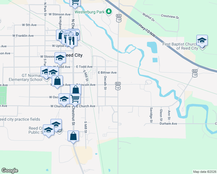 map of restaurants, bars, coffee shops, grocery stores, and more near 424 East Lincoln Avenue in Reed City