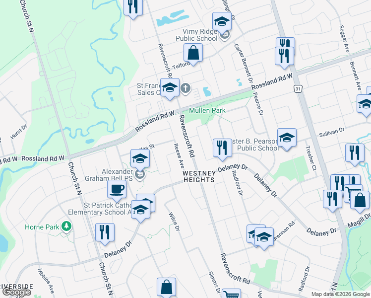 map of restaurants, bars, coffee shops, grocery stores, and more near 248 Ravenscroft Road in Ajax