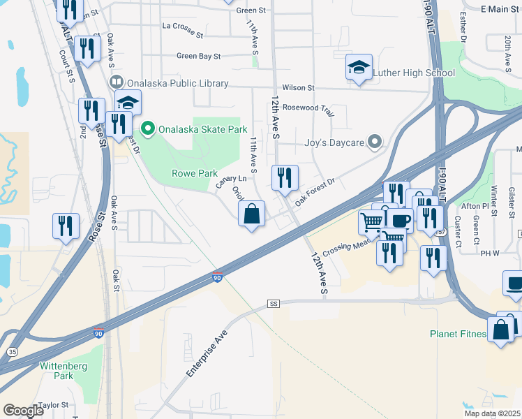map of restaurants, bars, coffee shops, grocery stores, and more near 1255 Oriole Lane in Onalaska