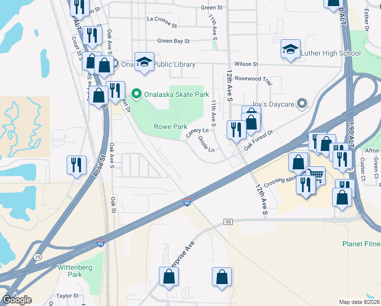 map of restaurants, bars, coffee shops, grocery stores, and more near 1005 Oak Forest Drive in Onalaska