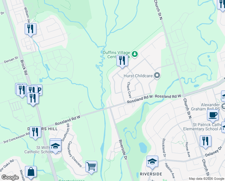 map of restaurants, bars, coffee shops, grocery stores, and more near 87 Stockell Crescent in Ajax