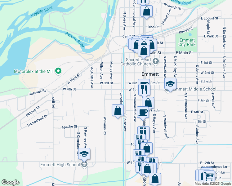 map of restaurants, bars, coffee shops, grocery stores, and more near 411 Lincoln Avenue in Emmett