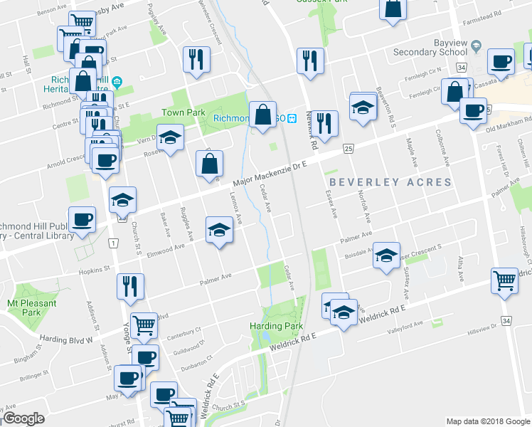 map of restaurants, bars, coffee shops, grocery stores, and more near 190 Cedar Avenue in Richmond Hill