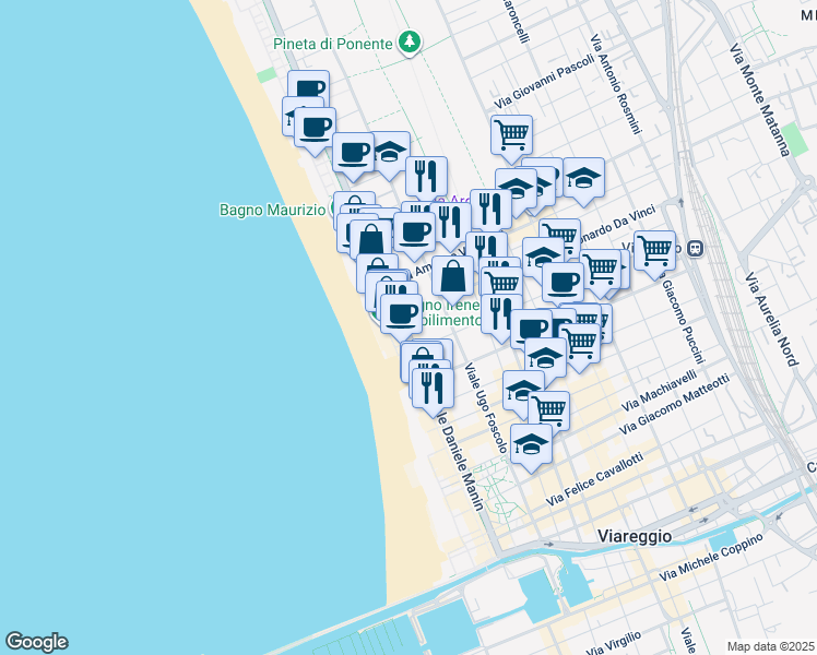 map of restaurants, bars, coffee shops, grocery stores, and more near Pista Ciclabile Fausto Coppi in Viareggio