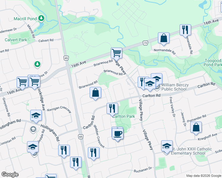map of restaurants, bars, coffee shops, grocery stores, and more near 18 Summerfeldt Crescent in Markham