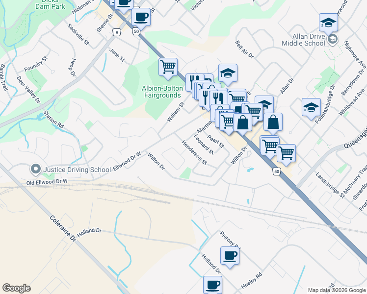 map of restaurants, bars, coffee shops, grocery stores, and more near 107 Martha Street in Bolton
