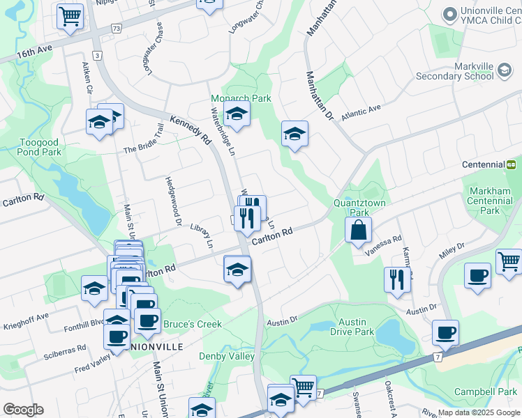 map of restaurants, bars, coffee shops, grocery stores, and more near 11 Waterbridge Lane in Markham