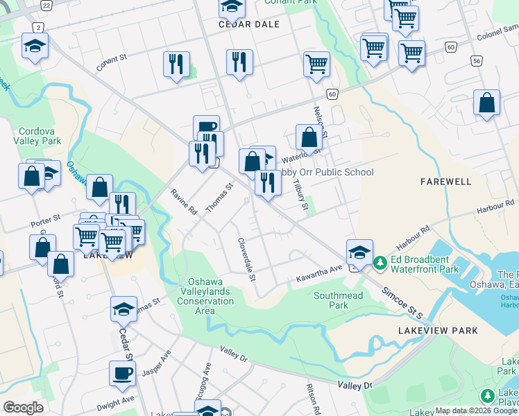 map of restaurants, bars, coffee shops, grocery stores, and more near 1160 Simcoe Street South in Oshawa