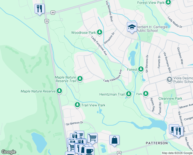 map of restaurants, bars, coffee shops, grocery stores, and more near 283 Lady Valentina Avenue in Vaughan