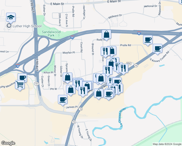 map of restaurants, bars, coffee shops, grocery stores, and more near 594 Braund Street in Onalaska