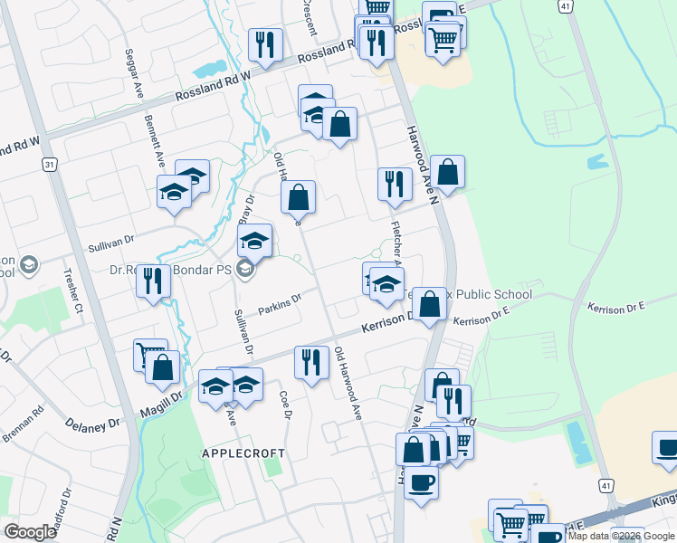 map of restaurants, bars, coffee shops, grocery stores, and more near 3 View Street in Ajax