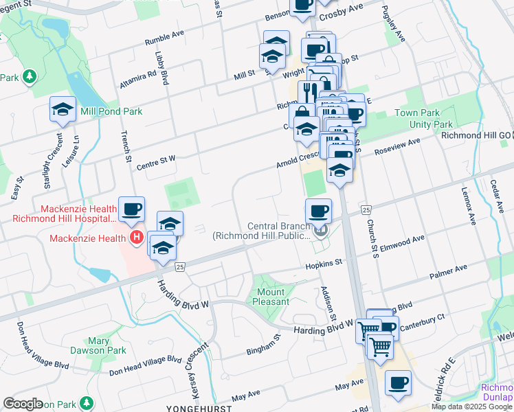 map of restaurants, bars, coffee shops, grocery stores, and more near 109 Highland Lane in Richmond Hill
