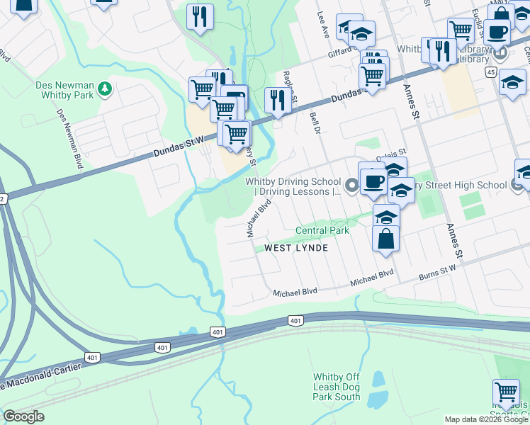 map of restaurants, bars, coffee shops, grocery stores, and more near 85 Michael Boulevard in Whitby