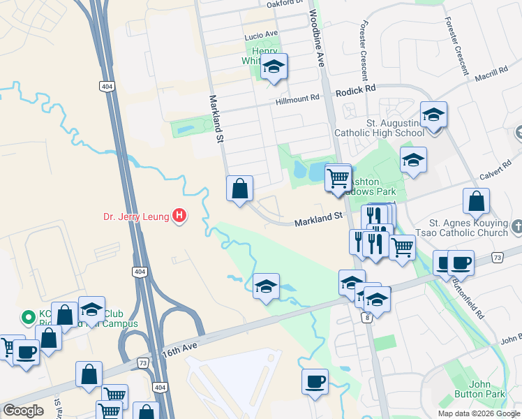 map of restaurants, bars, coffee shops, grocery stores, and more near 159 Markland Street in Markham