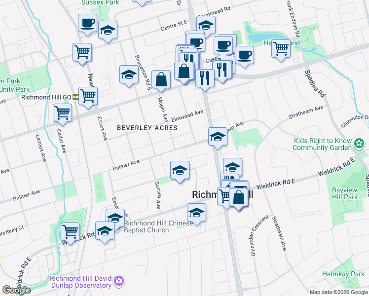 map of restaurants, bars, coffee shops, grocery stores, and more near 414 Palmer Avenue in Richmond Hill