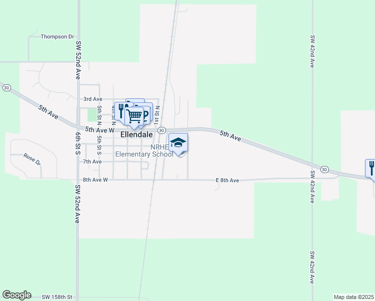map of restaurants, bars, coffee shops, grocery stores, and more near 600 School Street in Ellendale