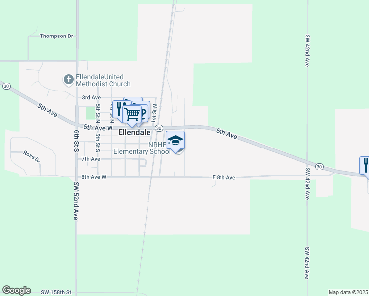 map of restaurants, bars, coffee shops, grocery stores, and more near 600 School Street in Ellendale