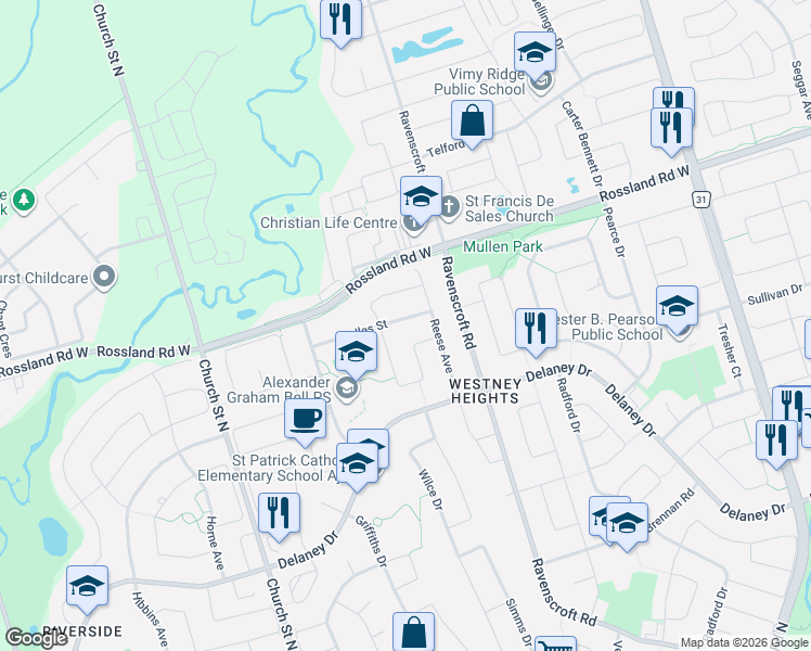 map of restaurants, bars, coffee shops, grocery stores, and more near 11 Iles Street in Ajax
