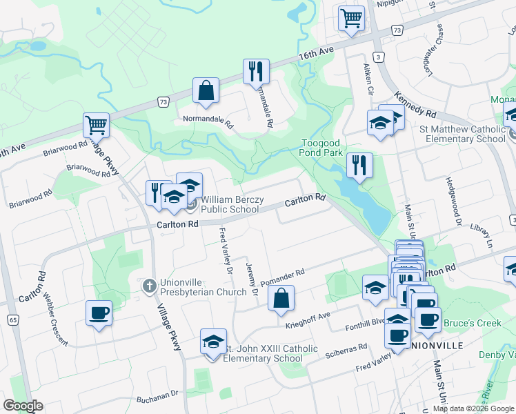 map of restaurants, bars, coffee shops, grocery stores, and more near 182 Carlton Road in Markham