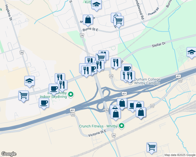 map of restaurants, bars, coffee shops, grocery stores, and more near 401 Thickson Road South in Whitby