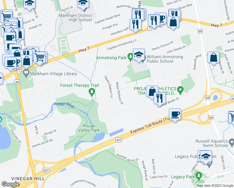 map of restaurants, bars, coffee shops, grocery stores, and more near 62 Major Buttons Drive in Markham