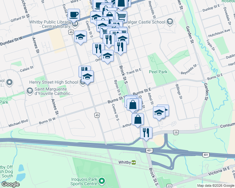 map of restaurants, bars, coffee shops, grocery stores, and more near 810 Byron Street South in Whitby