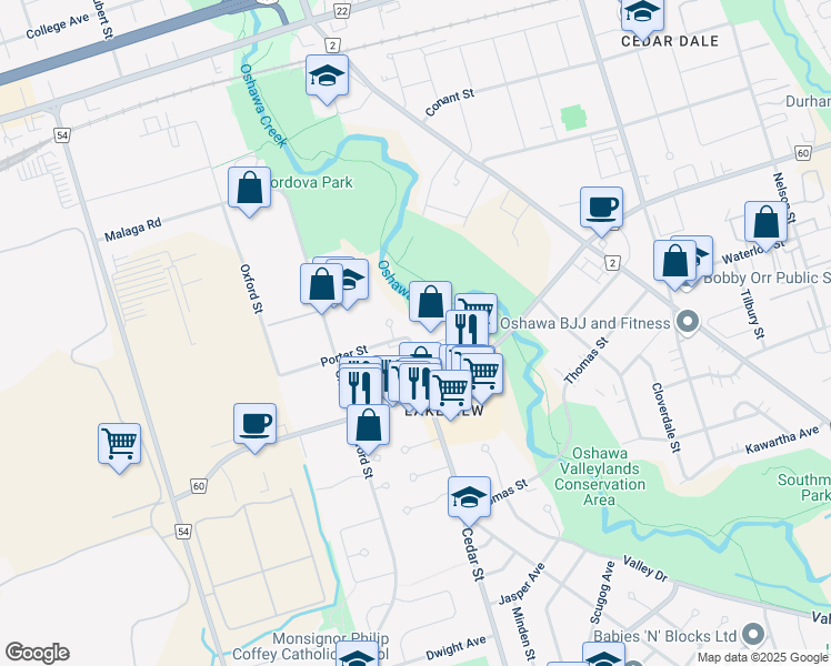 map of restaurants, bars, coffee shops, grocery stores, and more near 995 Cedar Street in Oshawa