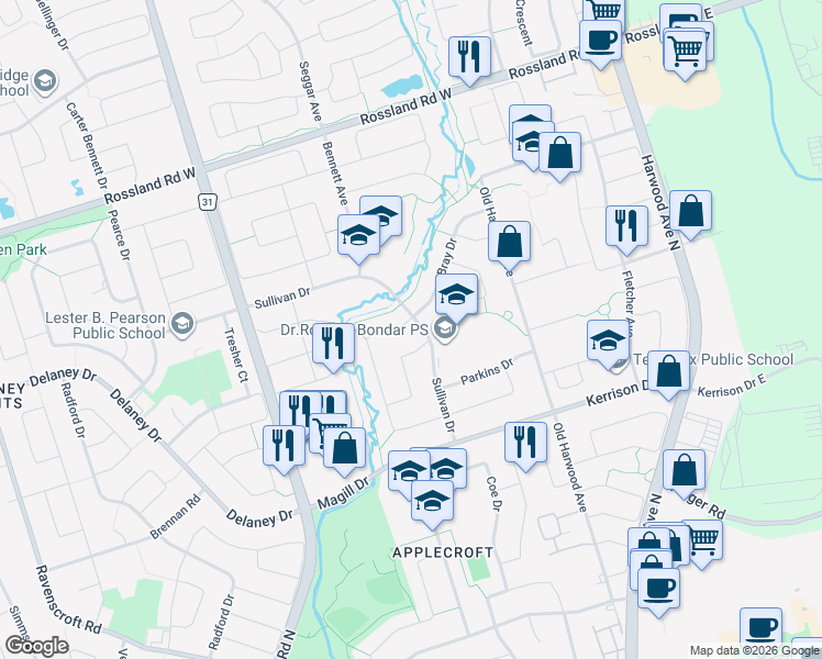 map of restaurants, bars, coffee shops, grocery stores, and more near 40 Sullivan Drive in Ajax
