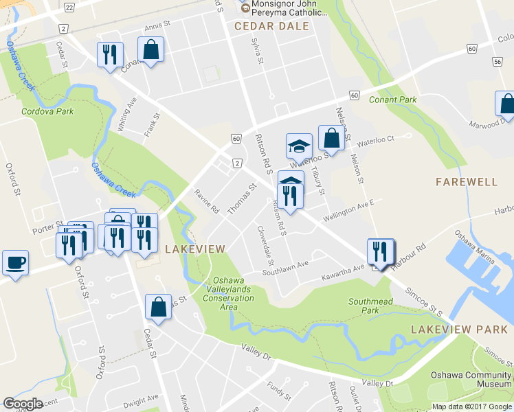 map of restaurants, bars, coffee shops, grocery stores, and more near 34 Grassmere Court in Oshawa