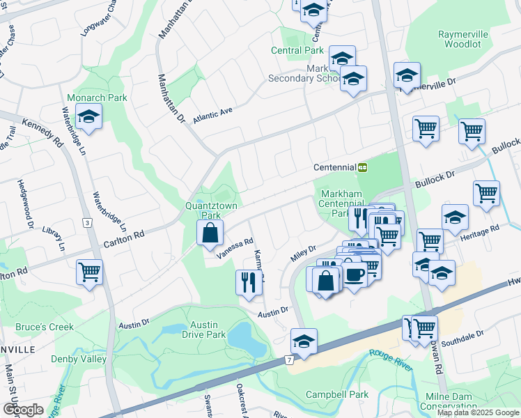 map of restaurants, bars, coffee shops, grocery stores, and more near 124 Markville Road in Markham